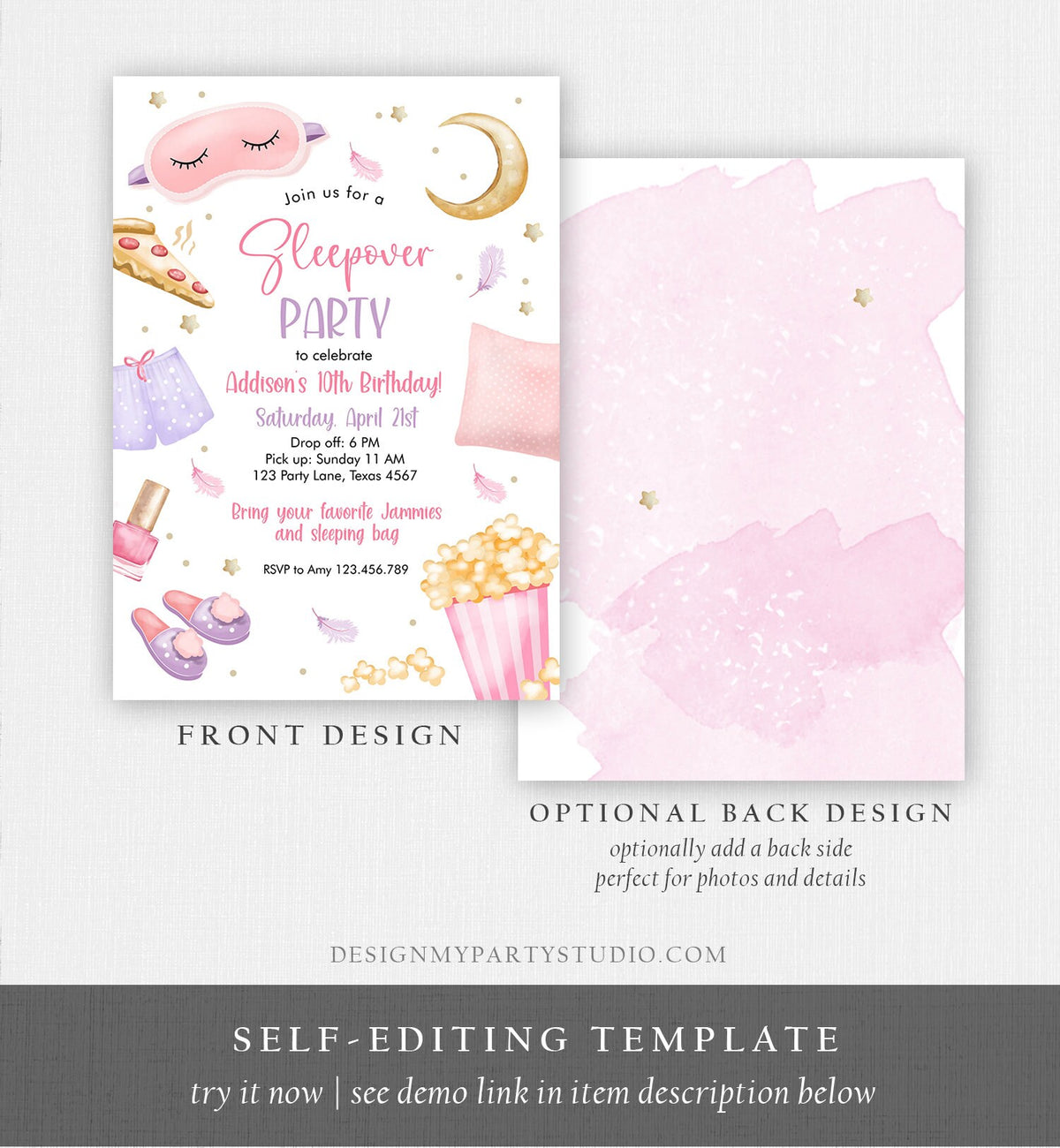 Editable Slumber Party Birthday Invitation Sleepover Birthday Invite Pink Girl Spa Tween Teen Pizza Digital Download Template Corjl 0447