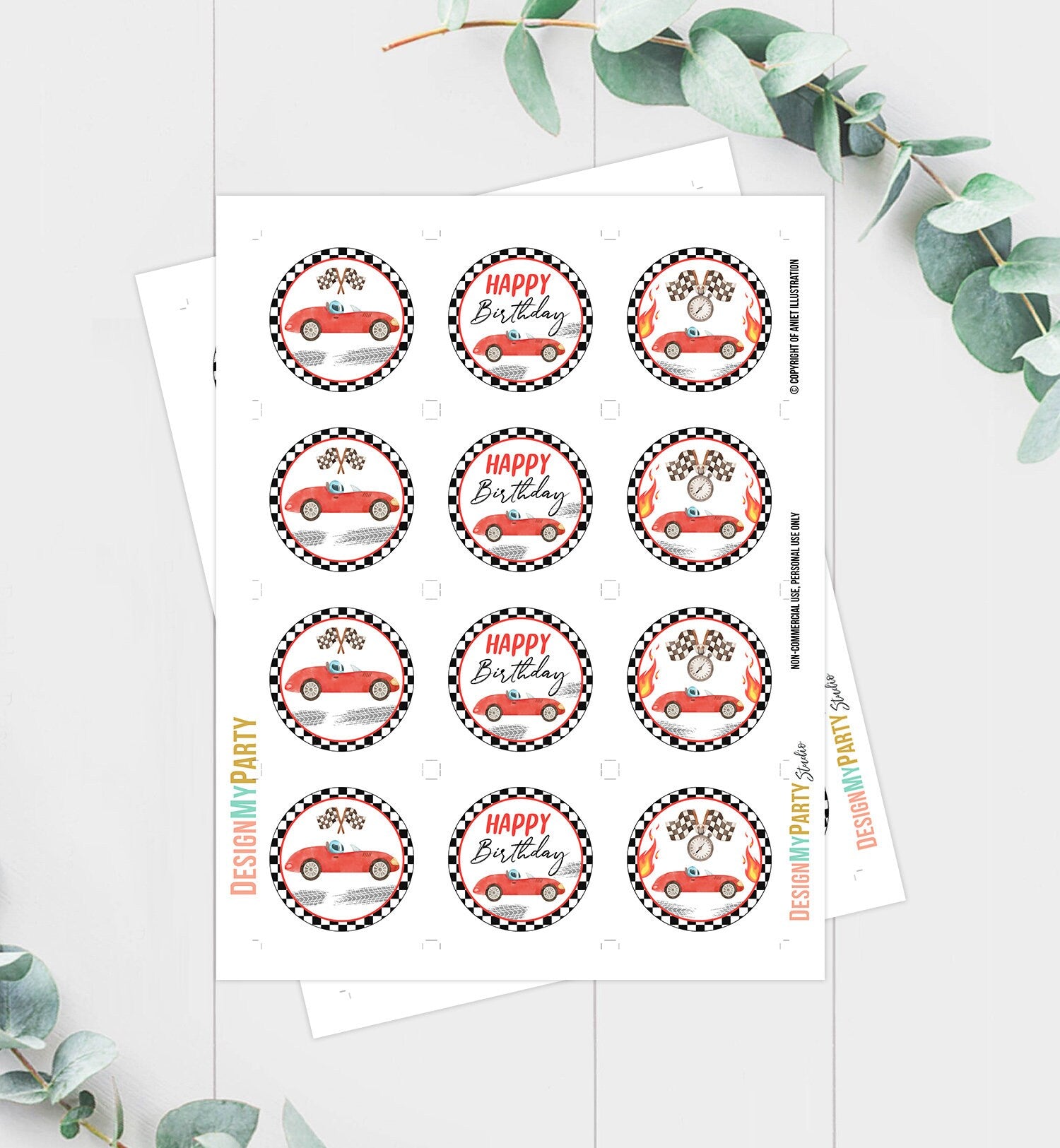 Racing Car Birthday Cupcake Toppers Vintage Race Car Red Boy Growing Up Two Fast Two Favor Tag Stickers Instant Download PRINTABLE 0424