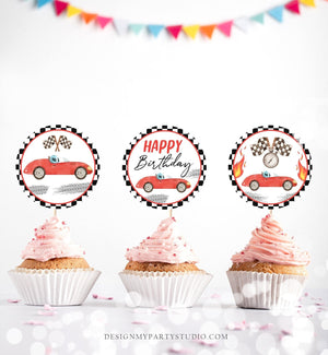 Racing Car Birthday Cupcake Toppers Vintage Race Car Red Boy Growing Up Two Fast Two Favor Tag Stickers Instant Download PRINTABLE 0424