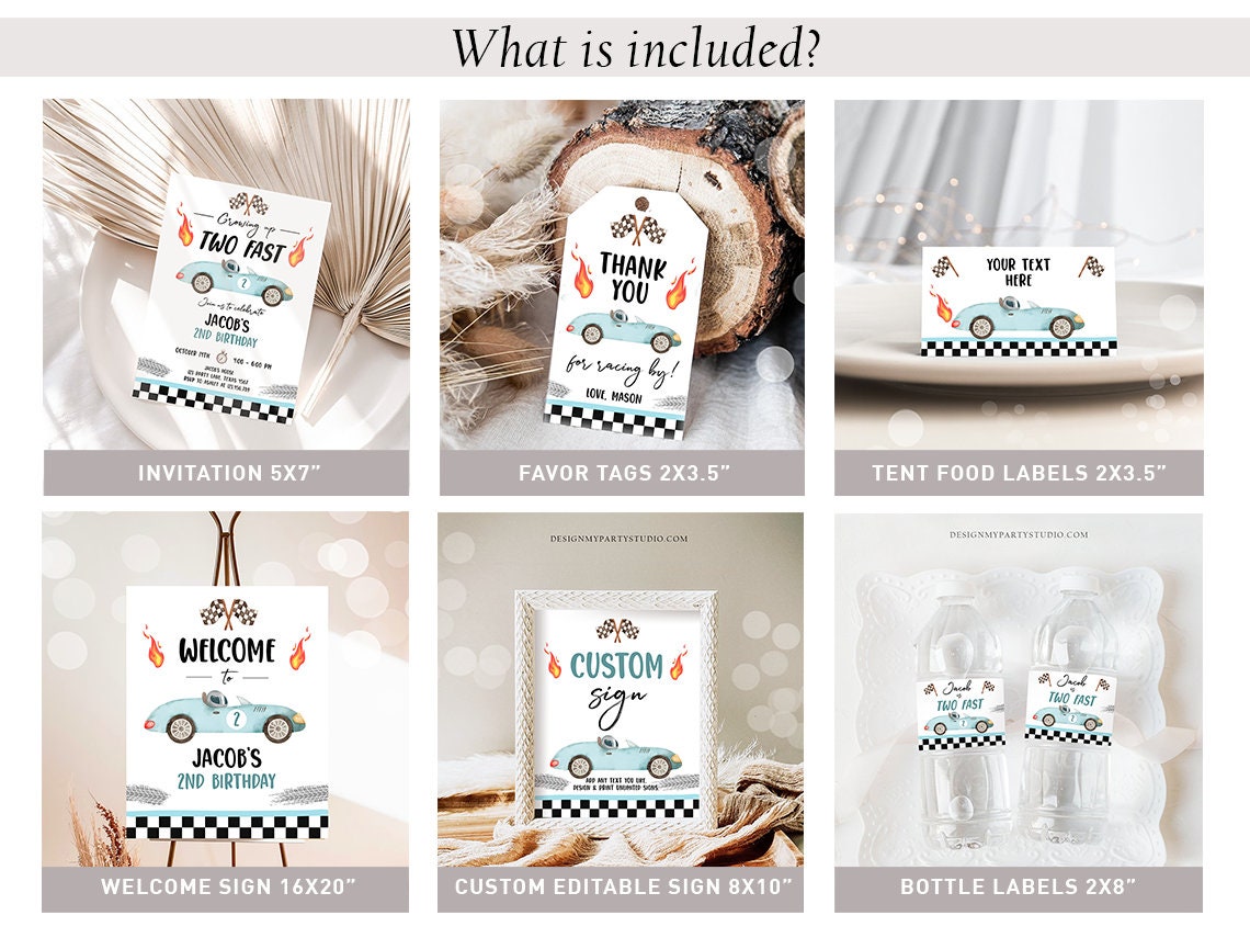 Racing Car Birthday Invitation Bundle Blue Vintage Race Car Boy Second Birthday Growing Up Two Fast 2nd 2 Printable Corjl Template 0424