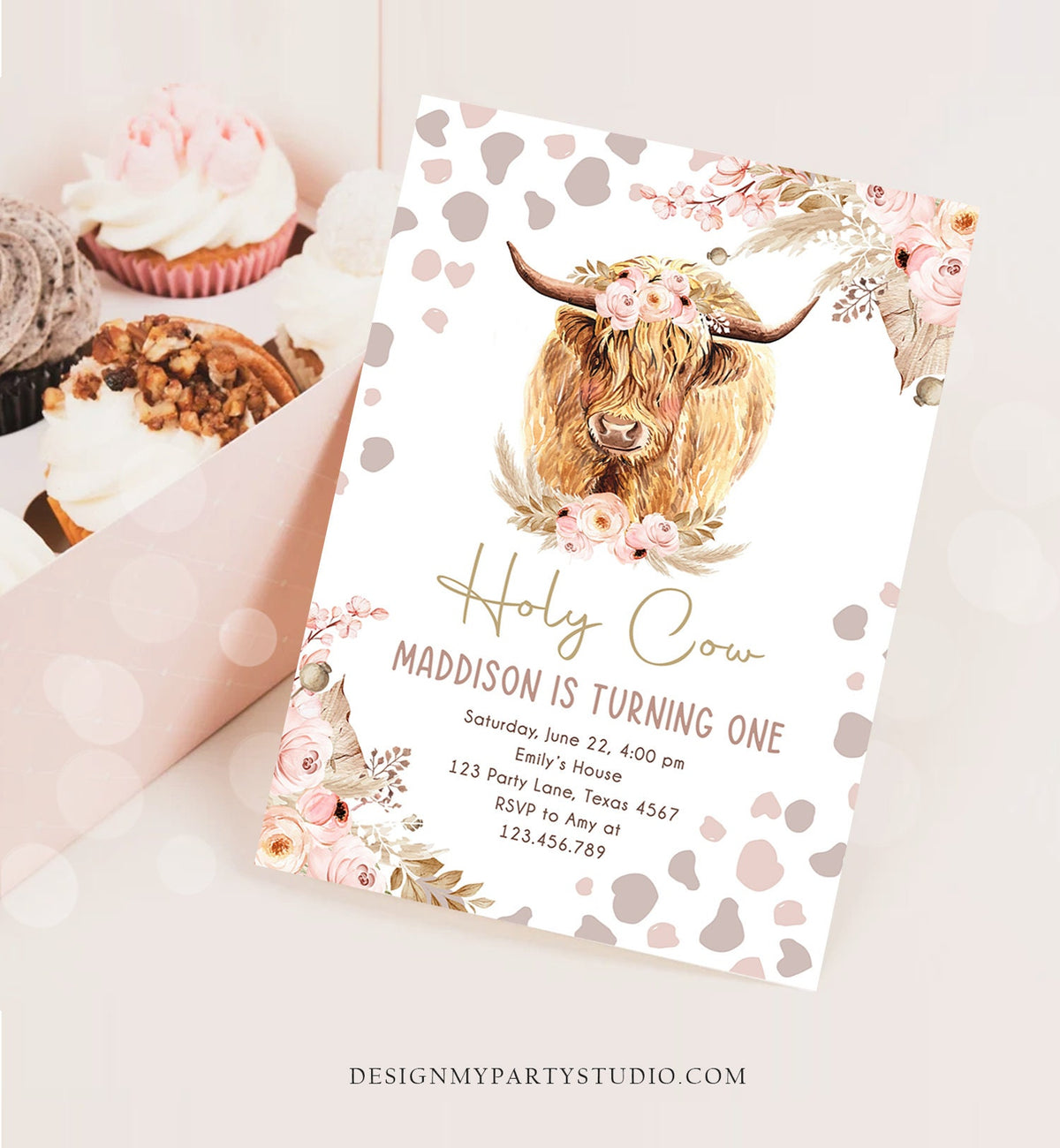 Editable Boho Cow Birthday Invitation Girl Farm Animals Pink Floral Pampas Grass Holy Cow I&#39;m One 1st Highland Printable Template Corjl 0453