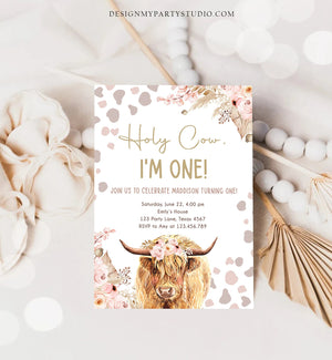 Editable Boho Cow Birthday Invitation Girl Farm Floral Pampas Grass Holy Cow I'm One 1st Birthday Download Printable Template Corjl 0453
