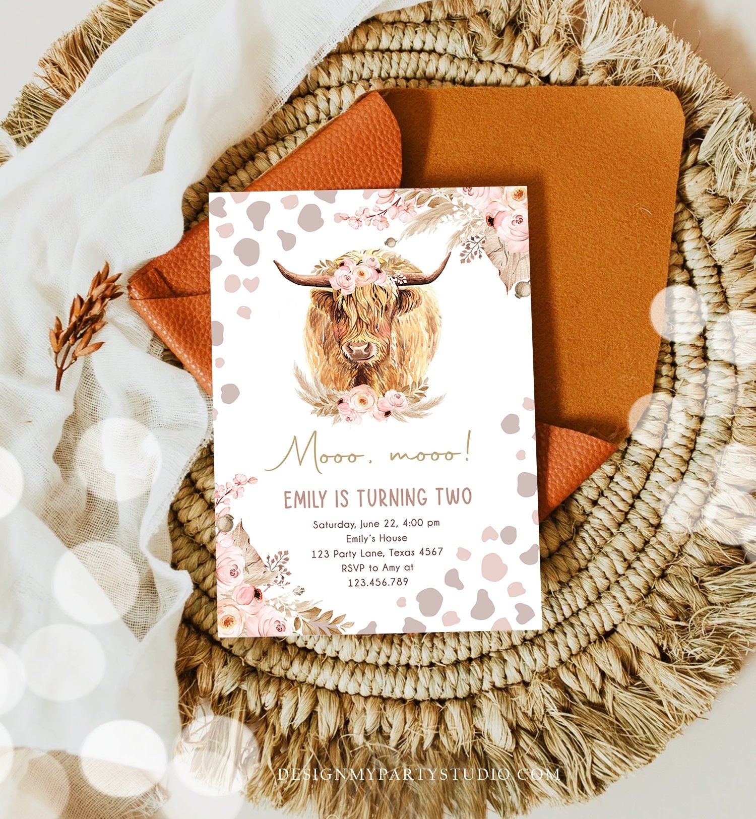 Editable Boho Cow Birthday Invitation Girl Farm Floral Pampas Grass Holy Cow Mooo Two 2nd Birthday Higland Printable Template Corjl 0453
