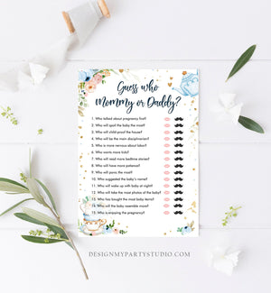 Editable Mommy or Daddy Baby Shower Game Guess Who Mom Dad Tea Party Baby is Brewing Game Shower Blue Activity Corjl Template Printable 0349