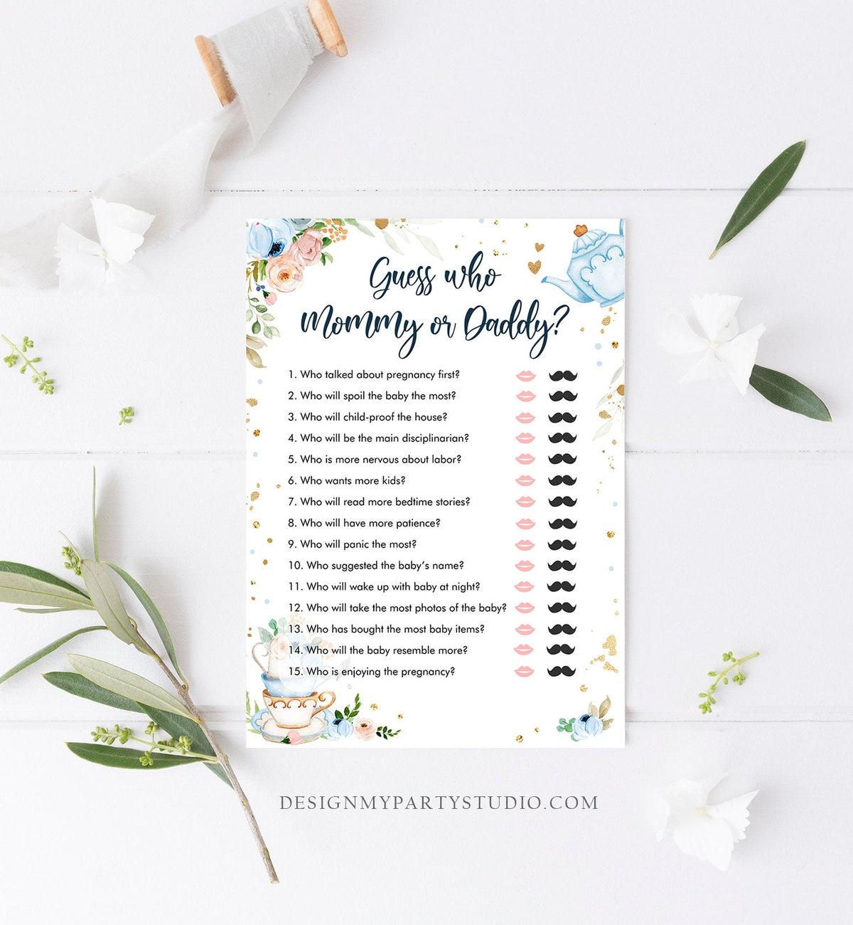 Editable Mommy or Daddy Baby Shower Game Guess Who Mom Dad Tea Party Baby is Brewing Game Shower Activity Digital Template Printable 0349