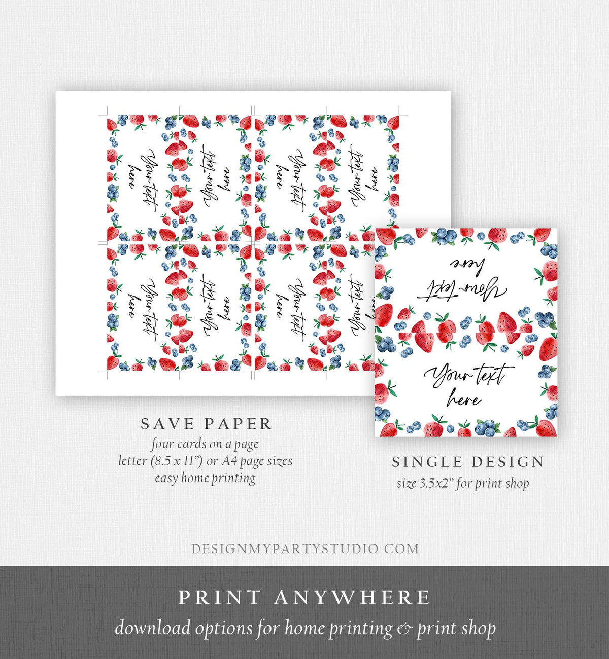 Editable Strawberry Blueberry Food Label Birthday Place Card Food Tent Farmers Market Fruit Berry Sweet Girl Digital Template Printable 0399