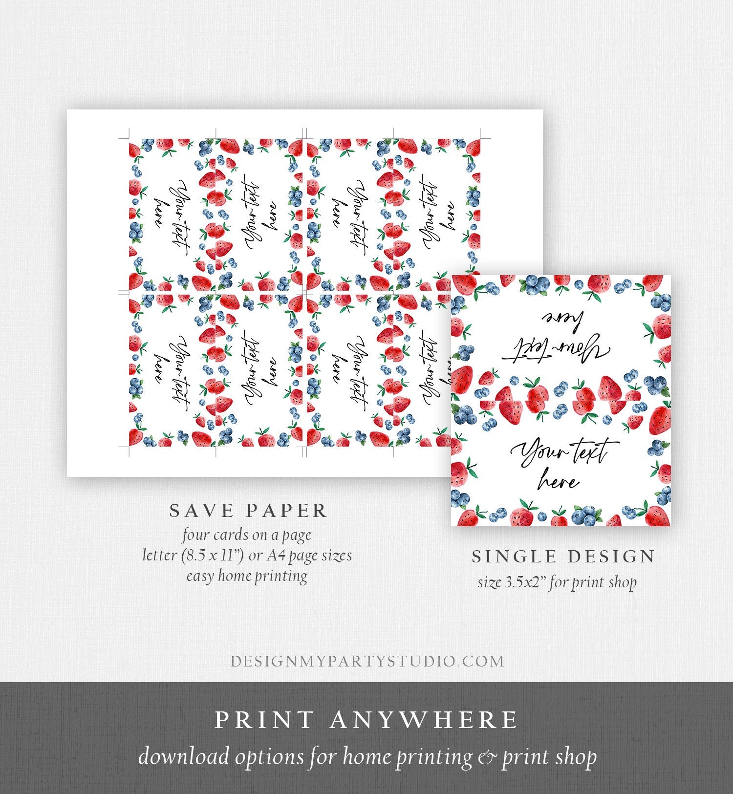 Editable Strawberry Blueberry Food Label Birthday Place Card Food Tent Farmers Market Fruit Berry Sweet Girl Digital Template Printable 0399