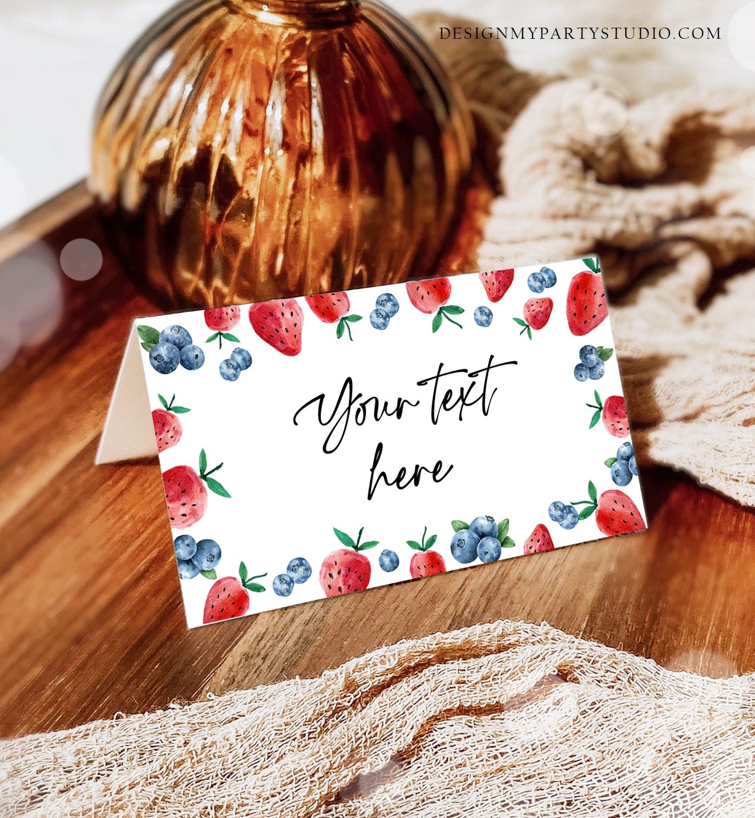 Editable Strawberry Blueberry Food Label Birthday Place Card Food Tent Farmers Market Fruit Berry Sweet Girl Digital Template Printable 0399