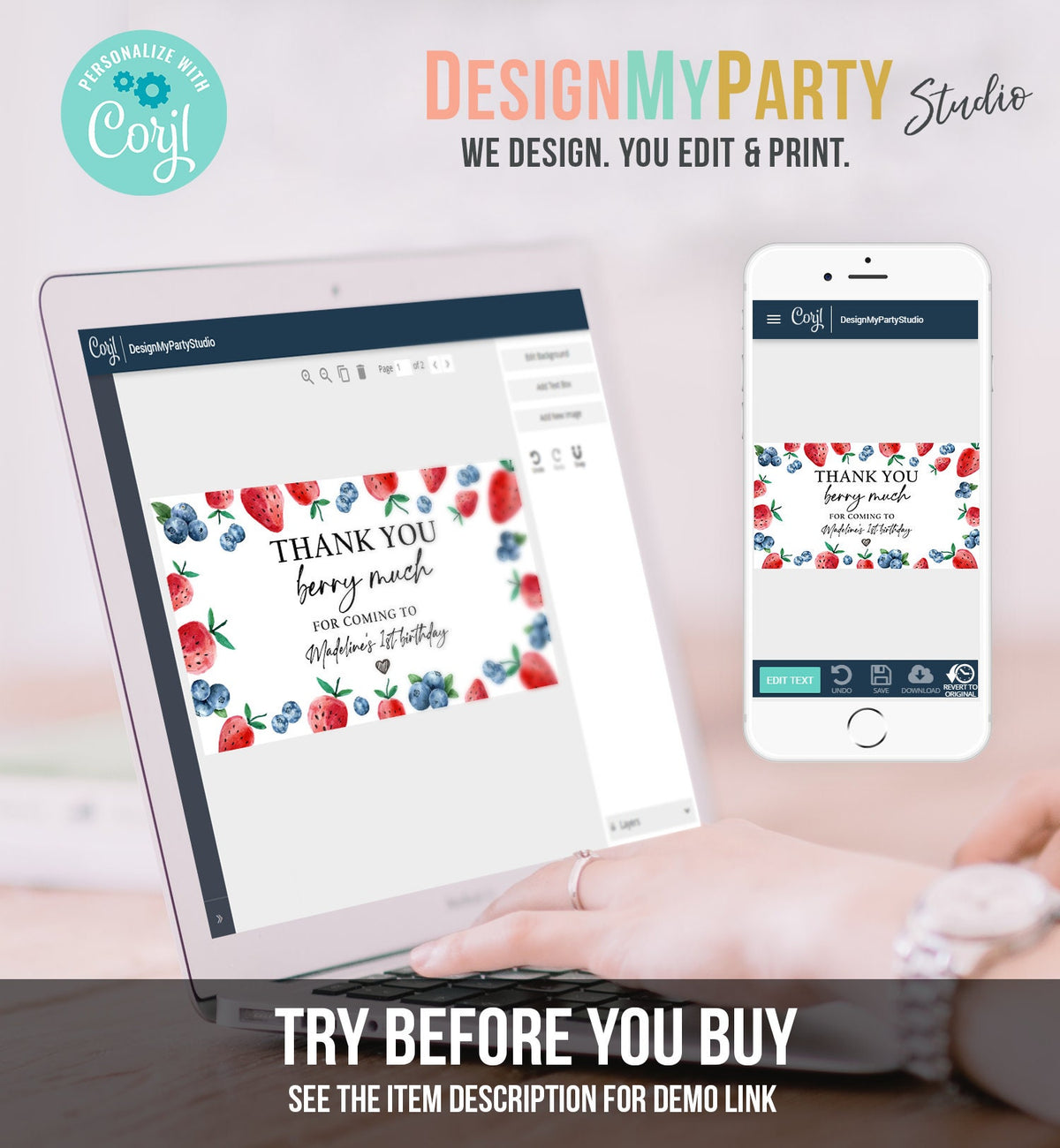 Editable Blueberry Strawberry Gable Gift Box Label 1st Birthday Berry First Favors Treat Box Berry Sweet Digital Download Printable 0399