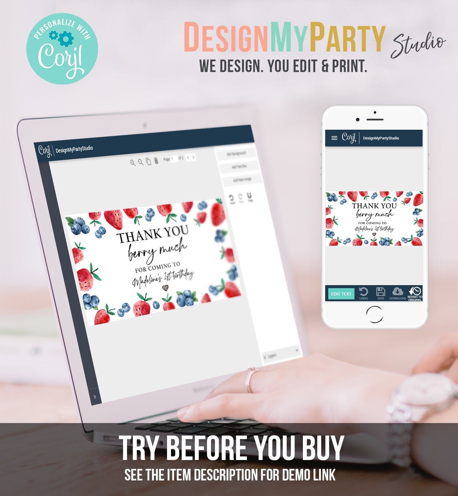 Editable Blueberry Strawberry Gable Gift Box Label 1st Birthday Berry First Favors Treat Box Berry Sweet Digital Download Printable 0399