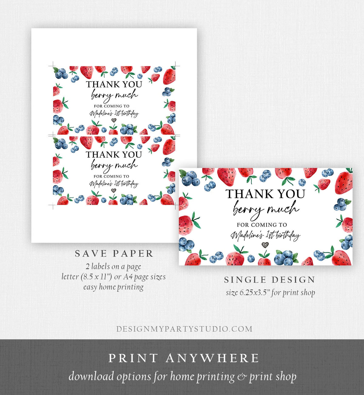 Editable Blueberry Strawberry Gable Gift Box Label 1st Birthday Berry First Favors Treat Box Berry Sweet Digital Download Printable 0399