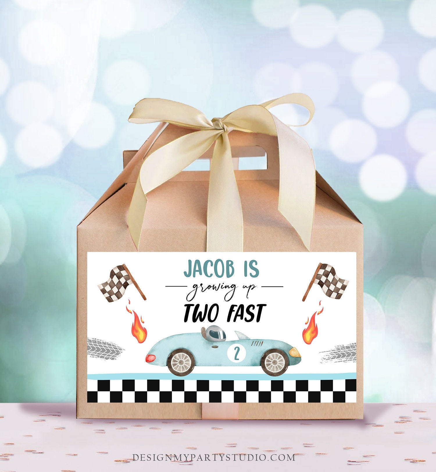 Editable Growing Up Two Fast Gable Box Favor Blue Race Car Birthday Favor Box Label Boy Racing Two 2nd 2 Digital Download Printable 0424