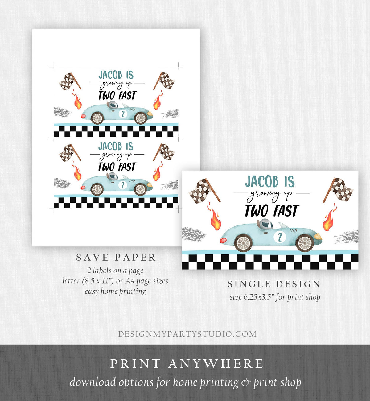 Editable Growing Up Two Fast Gable Box Favor Blue Race Car Birthday Favor Box Label Boy Racing Two 2nd 2 Digital Download Printable 0424