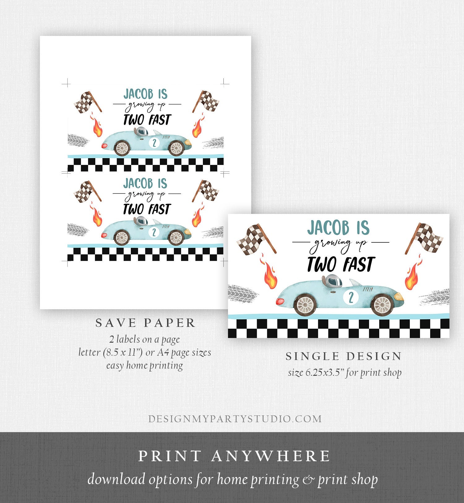 Editable Growing Up Two Fast Gable Box Favor Blue Race Car Birthday Favor Box Label Boy Racing Two 2nd 2 Digital Download Printable 0424