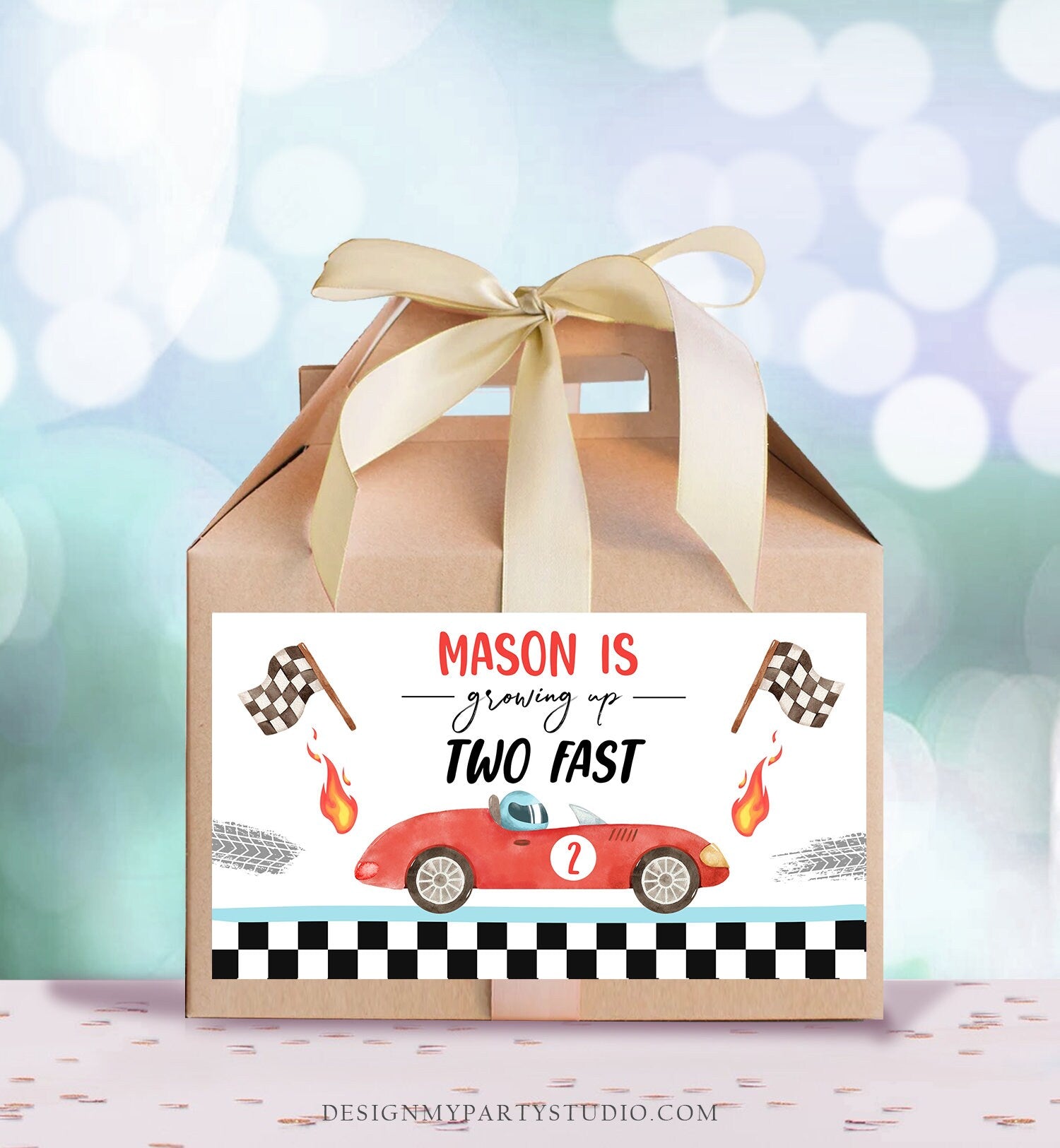 Editable Growing Up Two Fast Gable Box Favor Red Race Car Birthday Favor Label Boy Racing 2nd Around Track Download Printable Corjl 0424