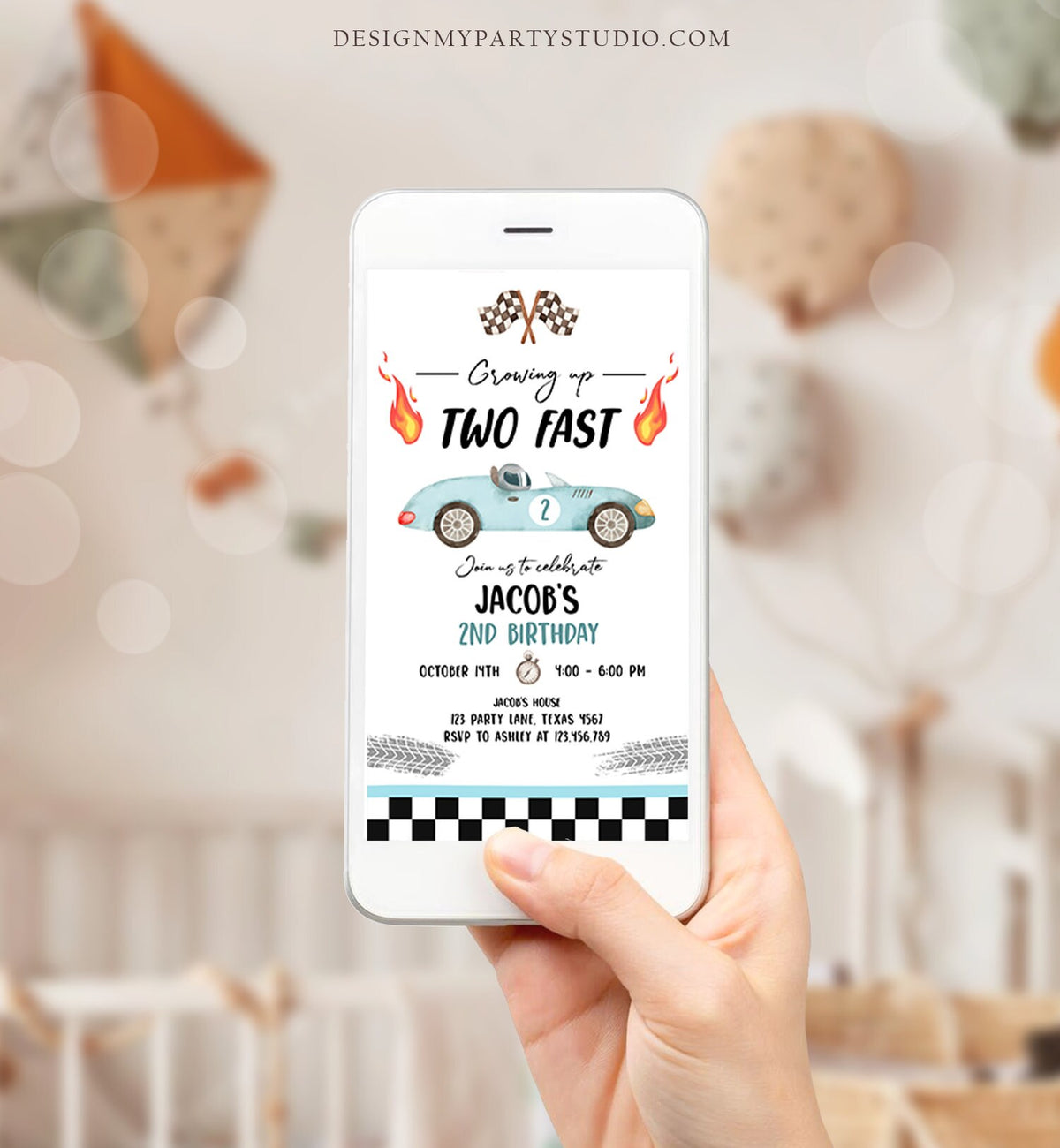 Editable Racing Car Birthday Invitation Growing Up Two Fast Second Birthday 2nd Boy Blue Electronic Phone Digital Evite Template 0424