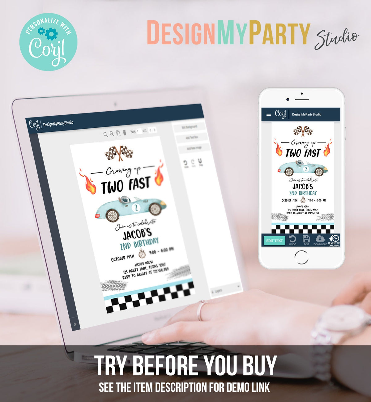 Editable Racing Car Birthday Invitation Growing Up Two Fast Second Birthday 2nd Boy Blue Electronic Phone Digital Evite Template 0424