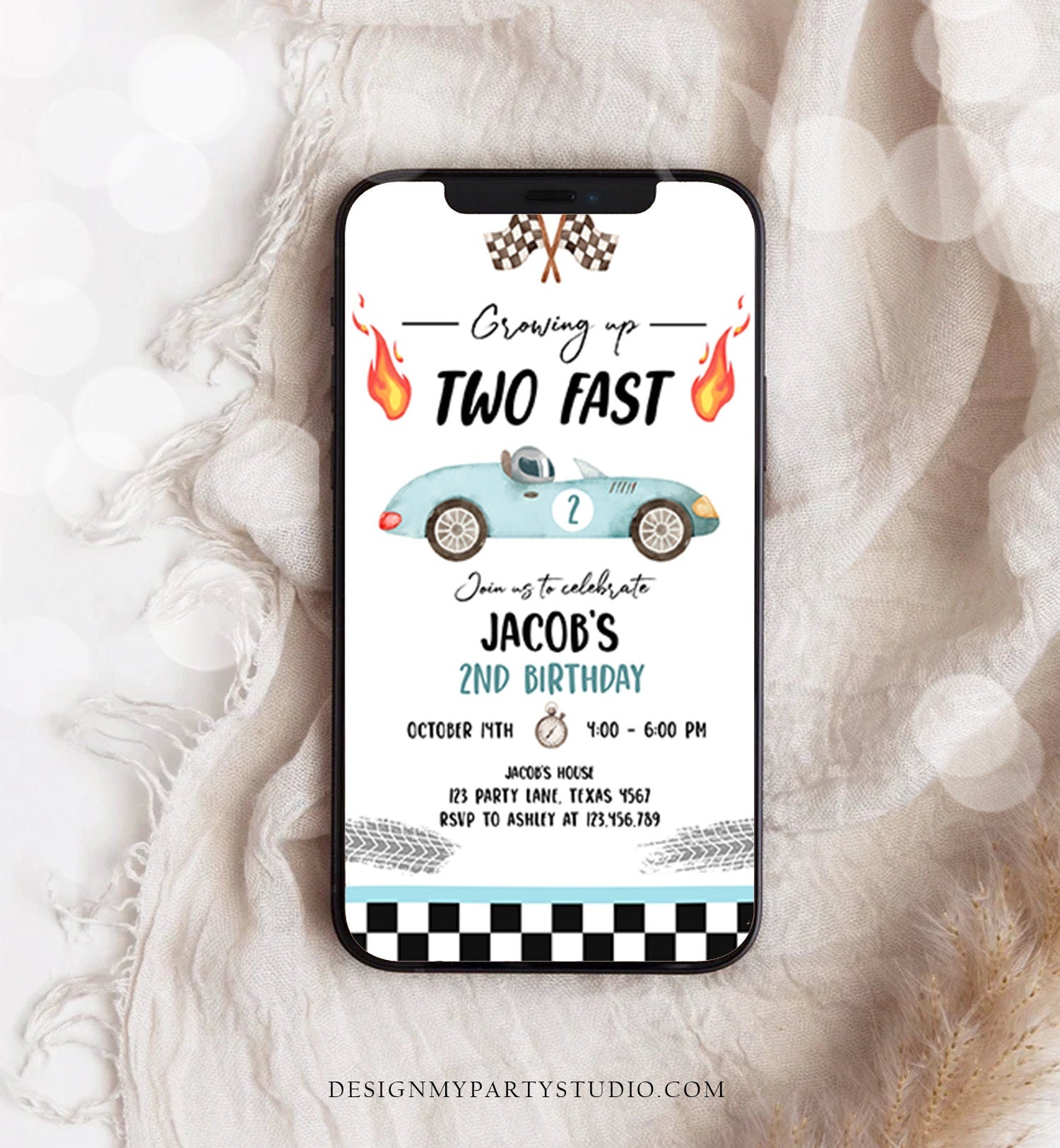 Editable Racing Car Birthday Invitation Growing Up Two Fast Second Birthday 2nd Boy Blue Electronic Phone Digital Evite Template 0424