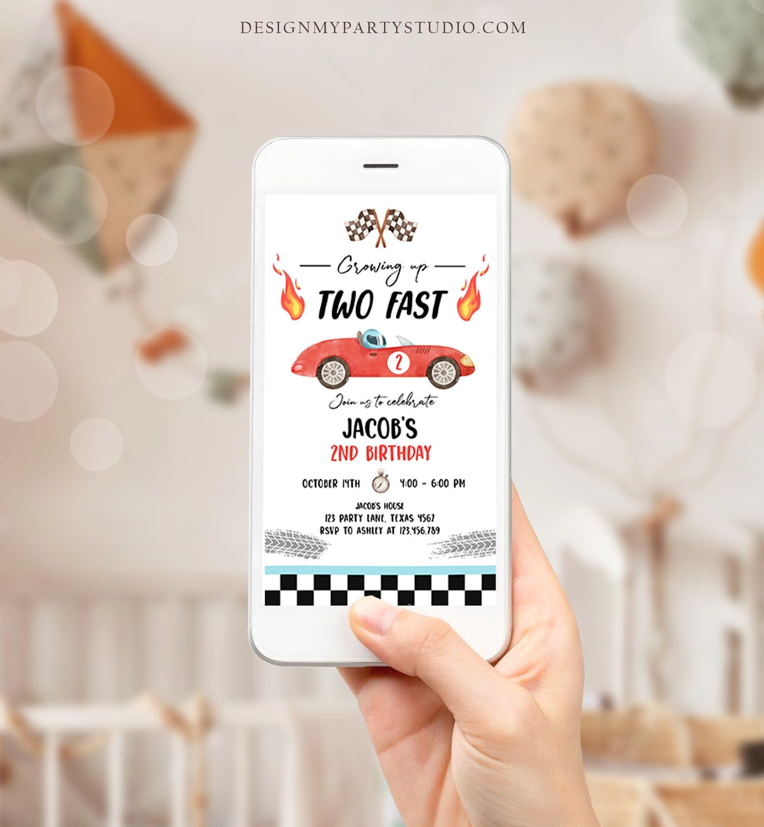 Growing up Two Fast Birthday Invitation Red Race Car Second 