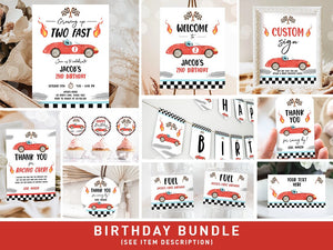 Racing Car Birthday Invitation Bundle Red Vintage Race Car Boy Second Birthday Growing Up Two Fast 2nd Track Printable Corjl Template 0424