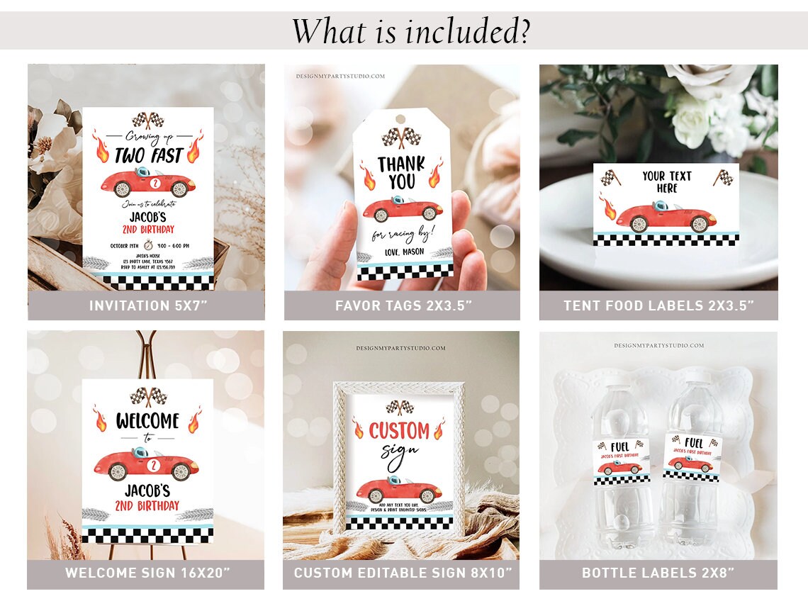 Racing Car Birthday Invitation Bundle Red Vintage Race Car Boy Second Birthday Growing Up Two Fast 2nd Track Printable Corjl Template 0424