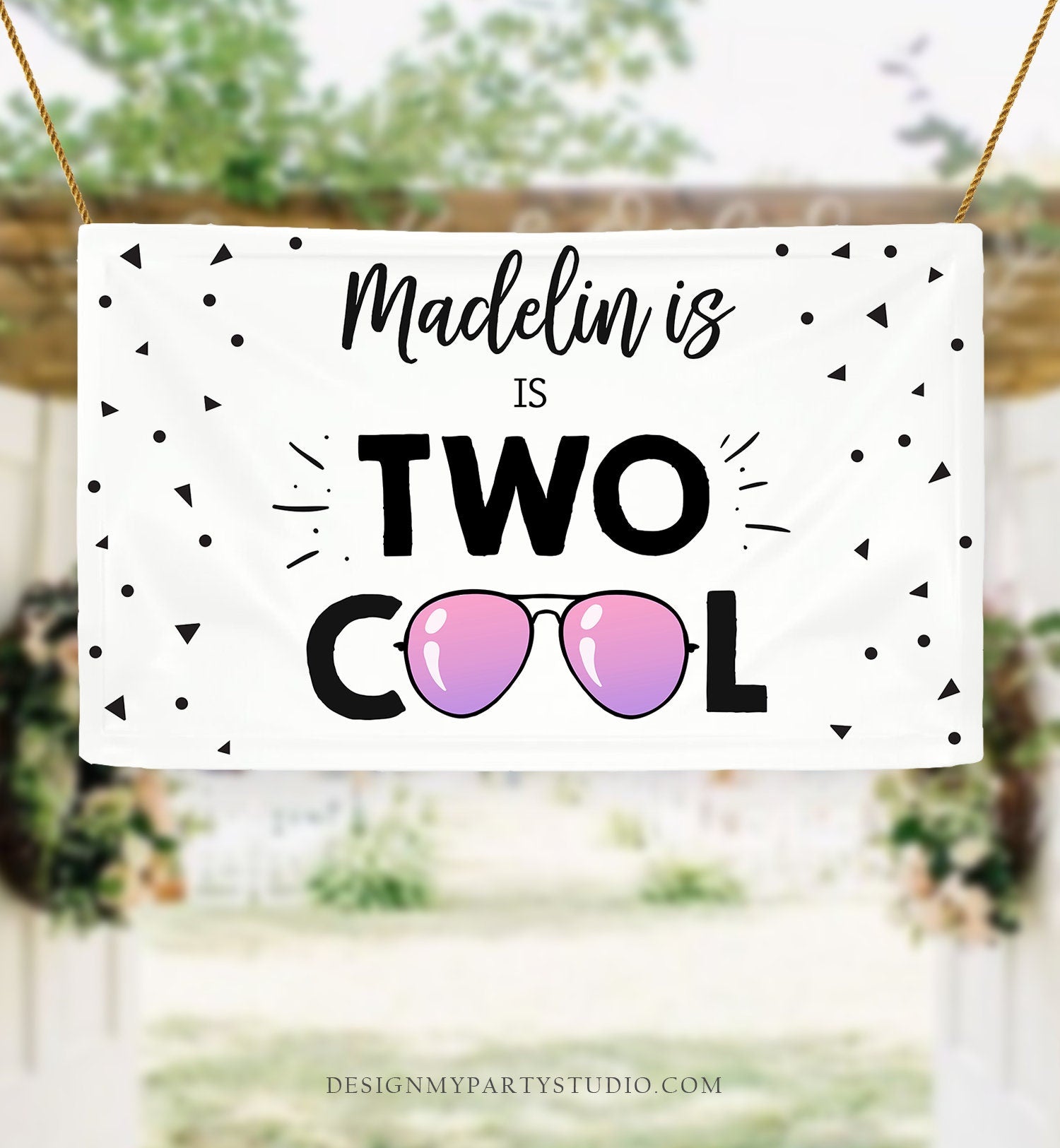 Editable Two Cool Backdrop Banner Girl Second Birthday Party Sunglasses Pilot Two Pink 2nd Decor Digital Download Template Printable 0136