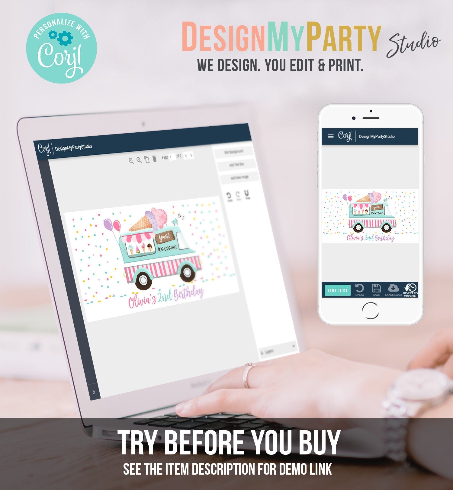 Editable Ice Cream Truck Favor Box Label Gable Gift Box Ice Cream Birthday Sweet One First Girl Treat Box Tag Download Printable Corjl 0243