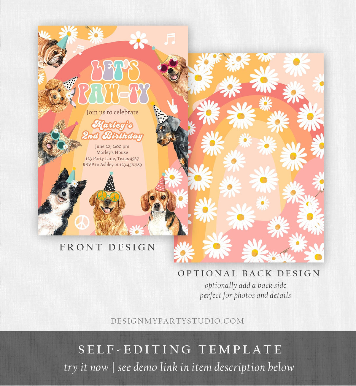 Editable Groovy Dog Birthday Party Invitation Retro Puppy Birthday Girl Doggy Daisy Lets Pawty Digital Download Template Printable 0463
