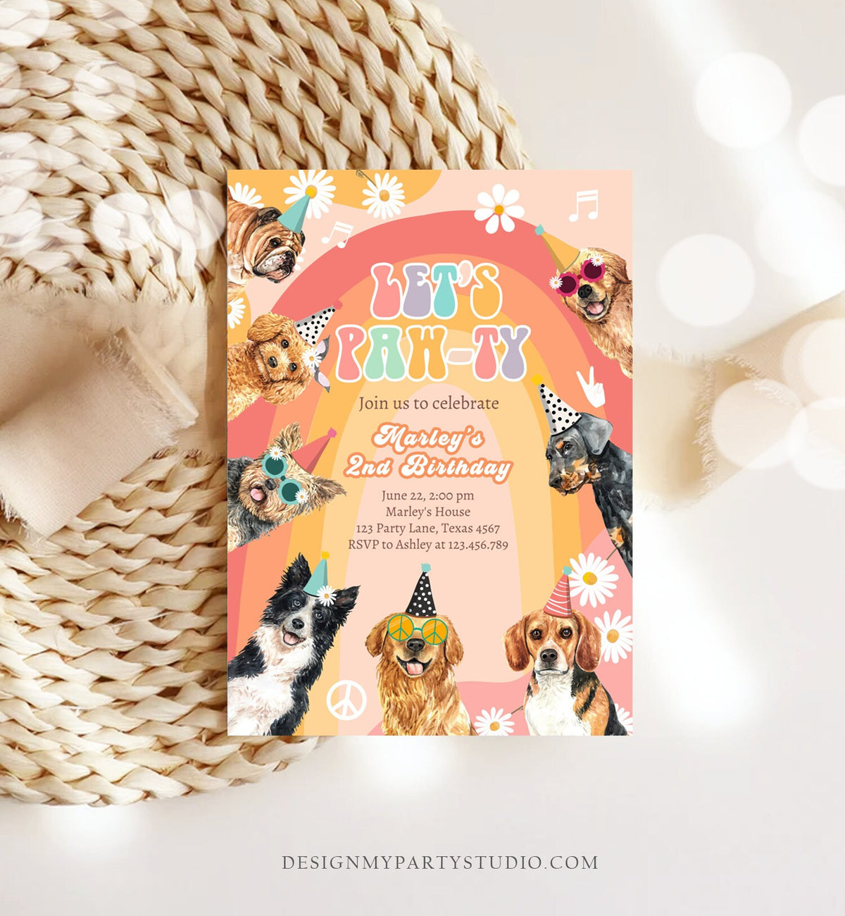 Editable Groovy Dog Birthday Party Invitation Retro Puppy Birthday Girl Doggy Daisy Lets Pawty Digital Download Template Printable 0463