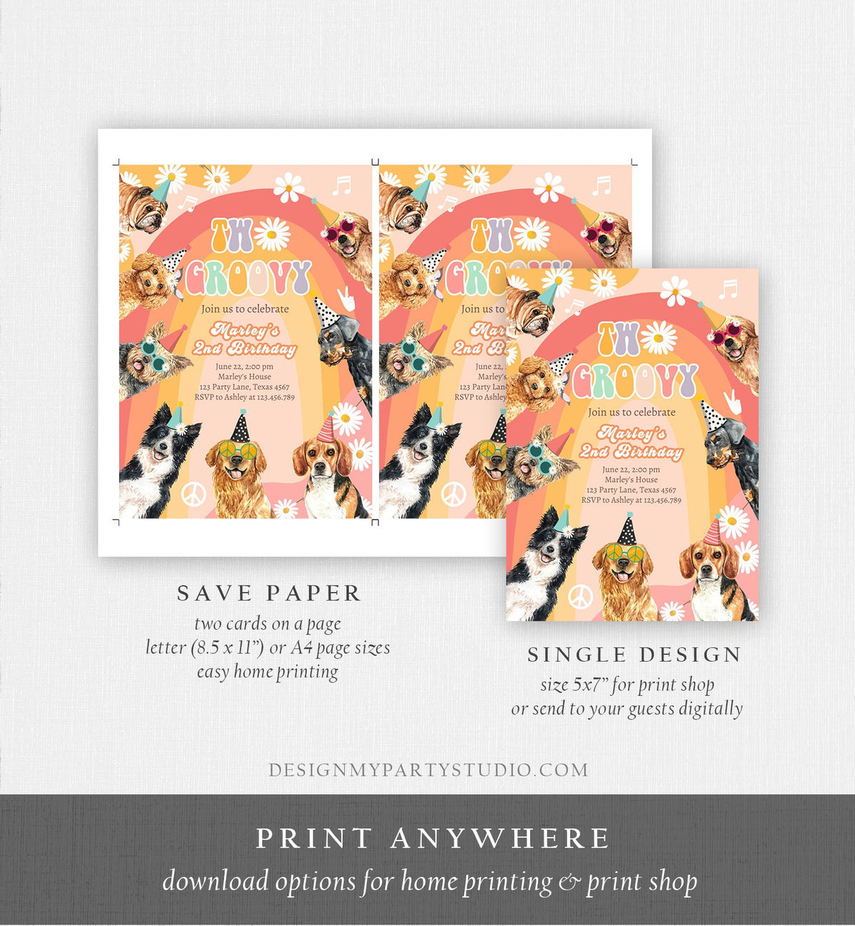 Editable Two Groovy Dog Birthday Party Invitation Retro Puppy 2nd Birthday Girl Doggy Pawty Digital Download Evite Template Printable 0463