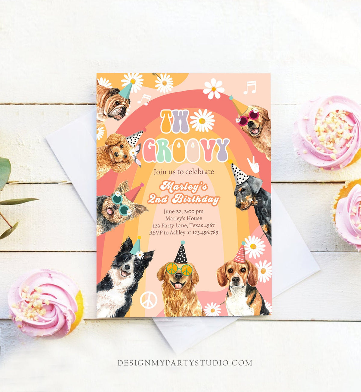 Editable Two Groovy Dog Birthday Party Invitation Retro Puppy 2nd Birthday Girl Doggy Pawty Digital Download Evite Template Printable 0463
