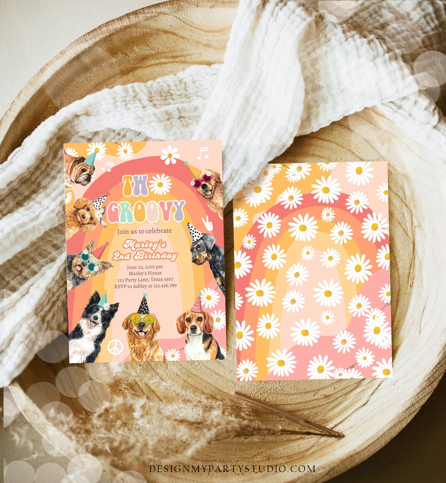 Editable Two Groovy Dog Birthday Party Invitation Retro Puppy 2nd Birthday Girl Doggy Pawty Digital Download Evite Template Printable 0463