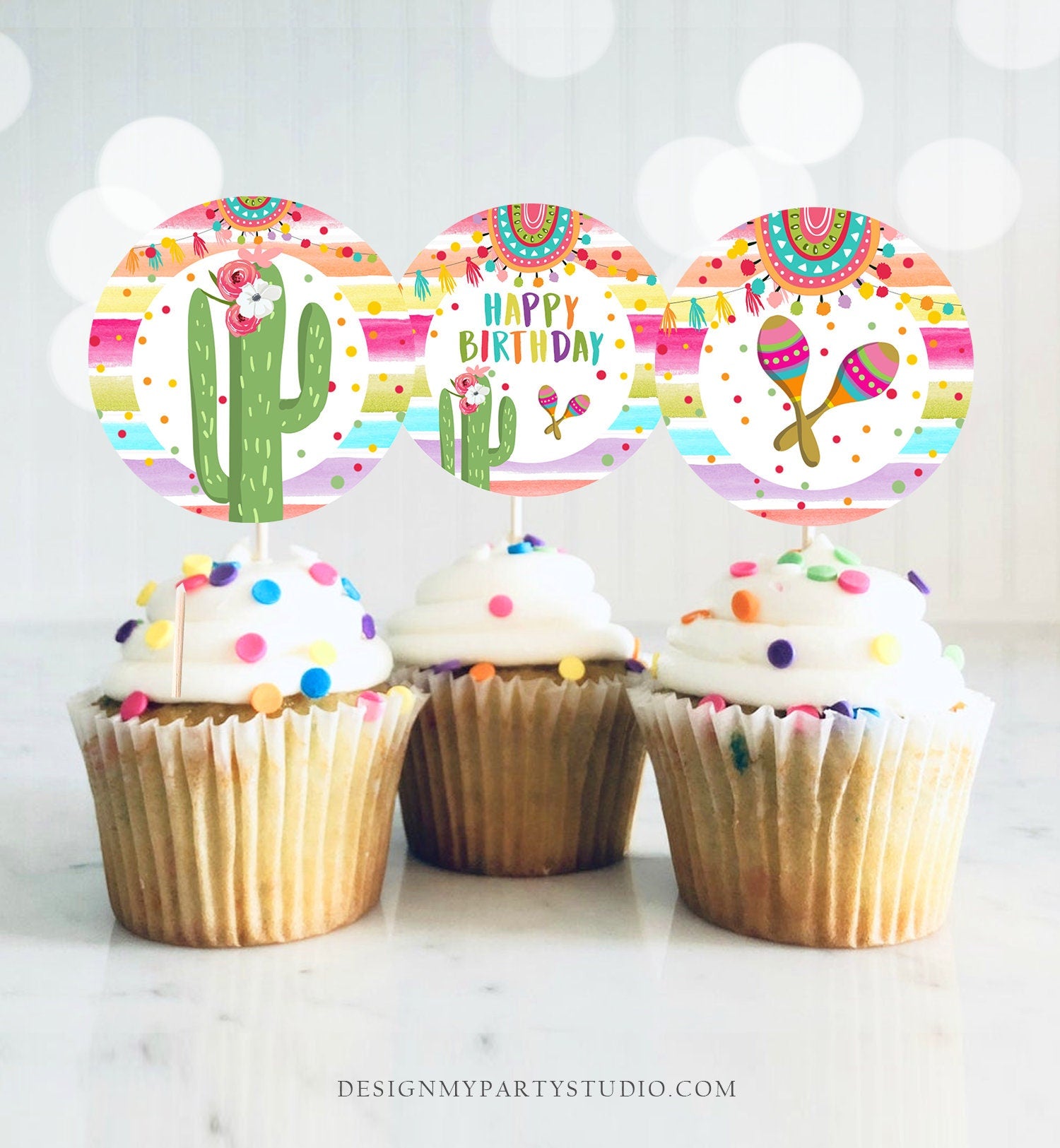 Fiesta Cupcake Toppers Fiesta Favor Tags Birthday Party Decor 1st Fiesta Mexican Party Cactus Taco Twosday Download Digital Printable 0134