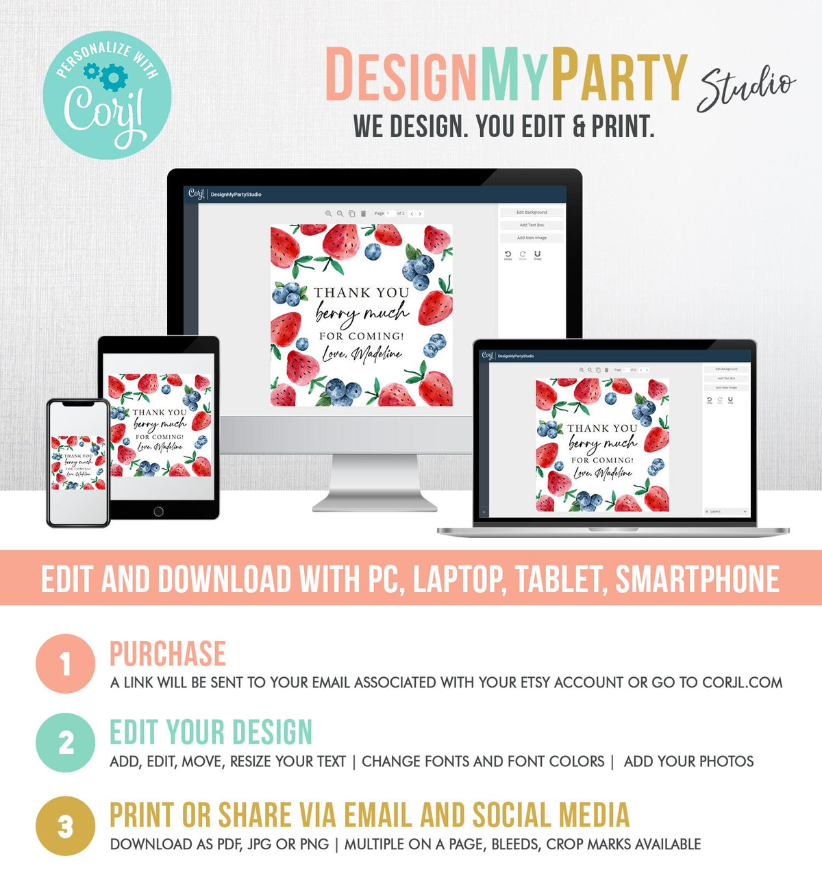 Editable Strawberry Blueberry Favor Tags Berry First Birthday Thank you Stickers Label Berry Farmers Market Template PRINTABLE Corjl 0399