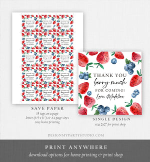 Editable Strawberry Blueberry Favor Tags Berry First Birthday Thank you Stickers Label Berry Farmers Market Template PRINTABLE Corjl 0399