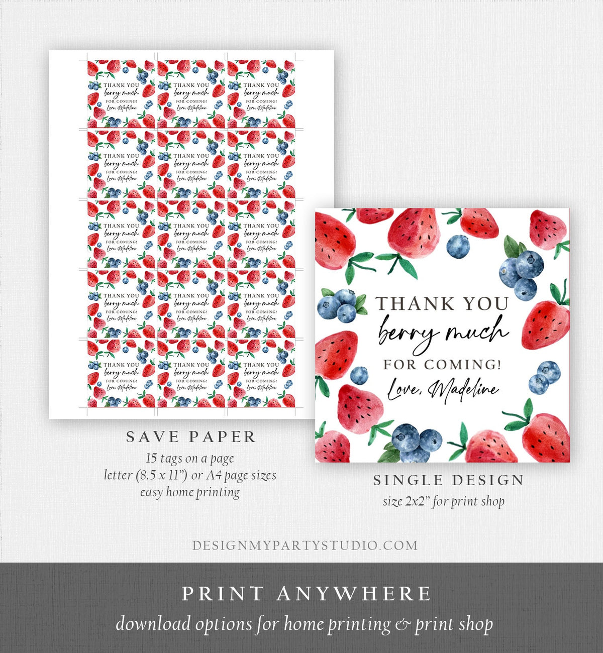 Editable Strawberry Blueberry Favor Tags Berry First Birthday Thank you Stickers Label Berry Farmers Market Template PRINTABLE Corjl 0399