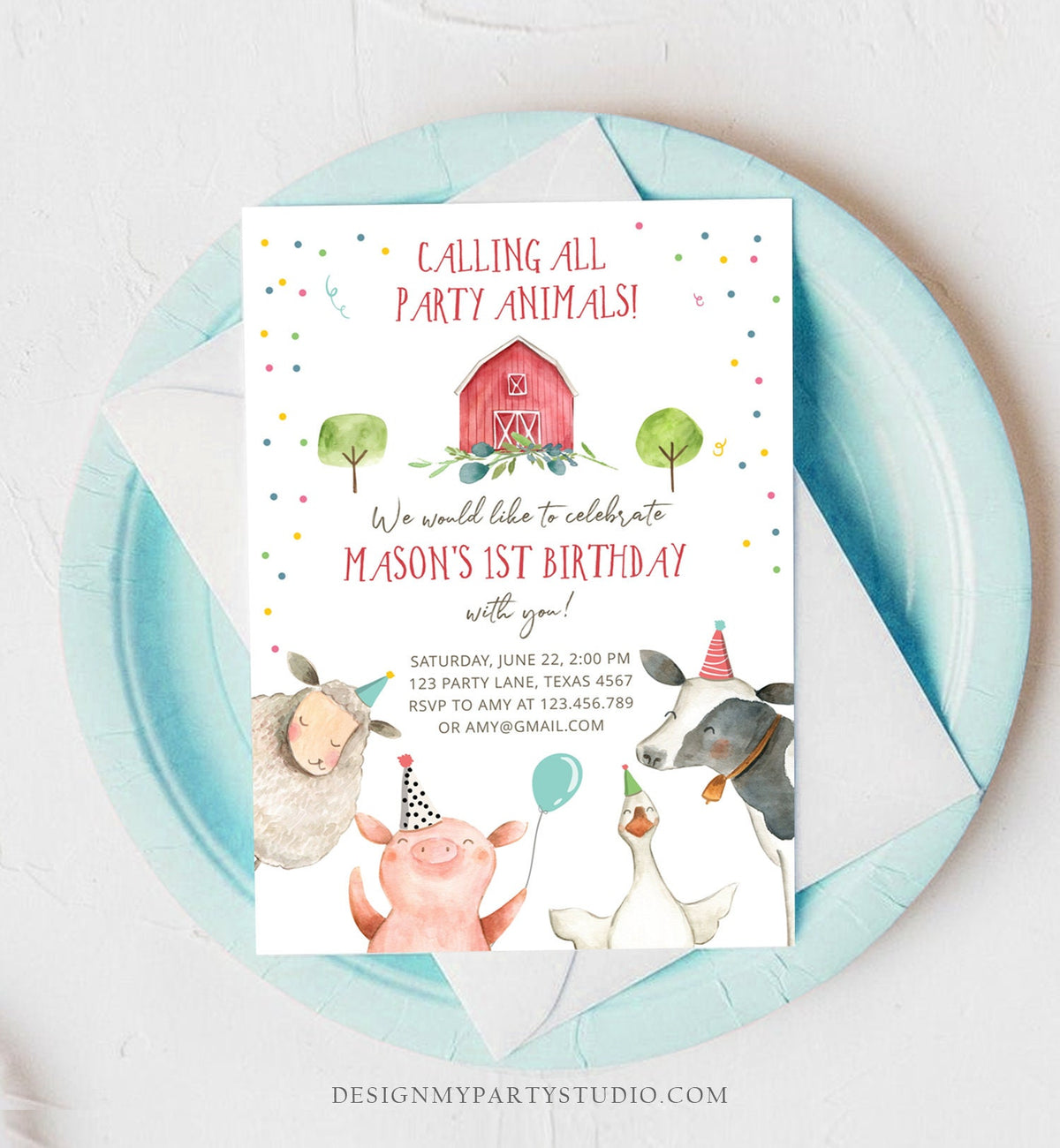 Editable Farm Animals Birthday Invitation Boy Farm Barnyard First Birthday Party Animals Confetti Download Corjl Template Printable 0155