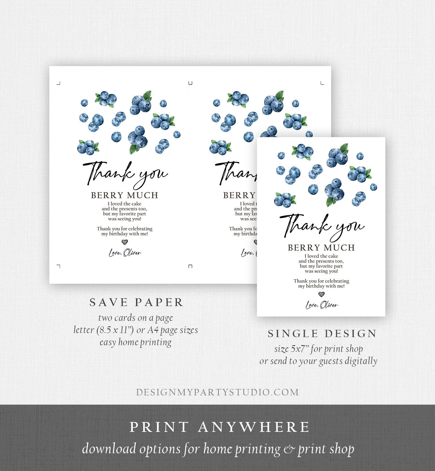 Editable Blueberry Thank You Card Berry First Birthday Berry Sweet Farmers Market Blueberries Boy Digital Download Template Printable 0399