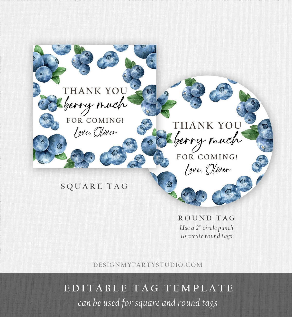 Editable Blueberry Favor Tags Berry First Birthday Thank you Stickers Label Berry Farmers Market Blueberries Template PRINTABLE Corjl 0399
