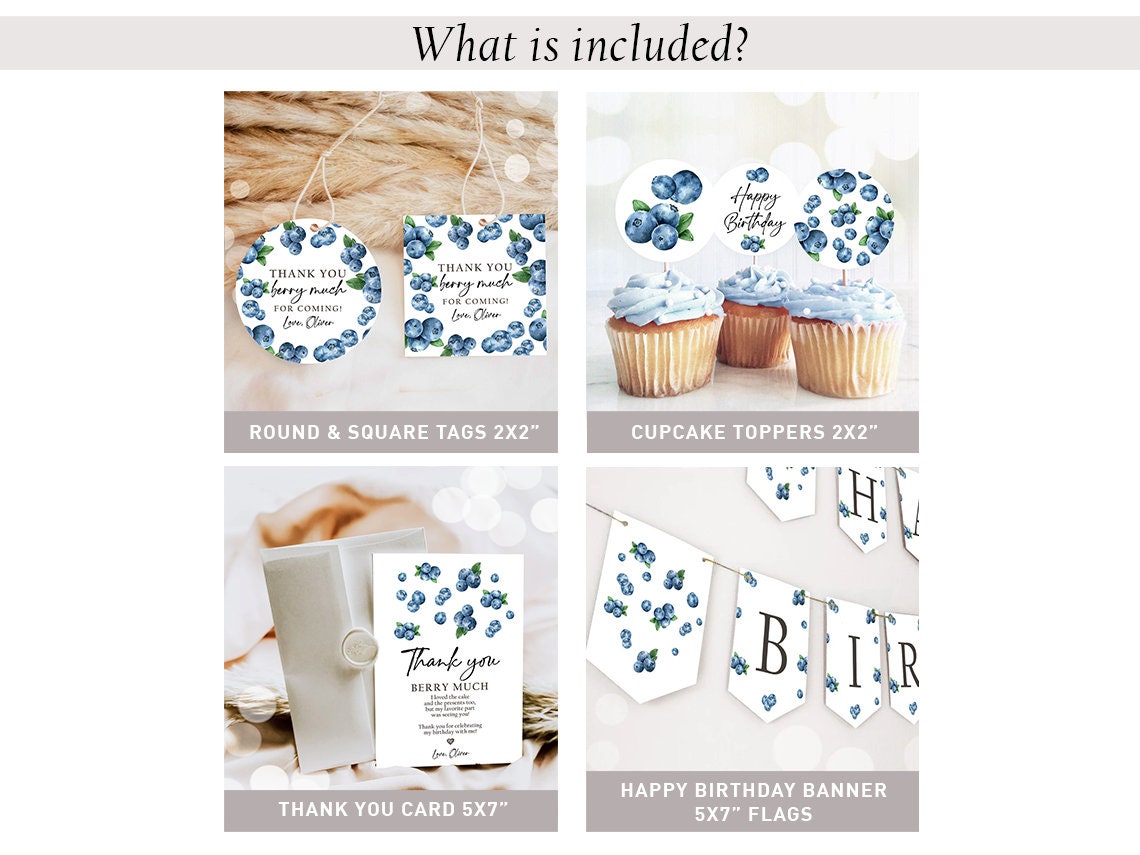 Blueberry Birthday Invitation Bundle Berry First Birthday Berry Sweet Party Pack Boy 1st Package Blueberries Digital Template Printable 0399