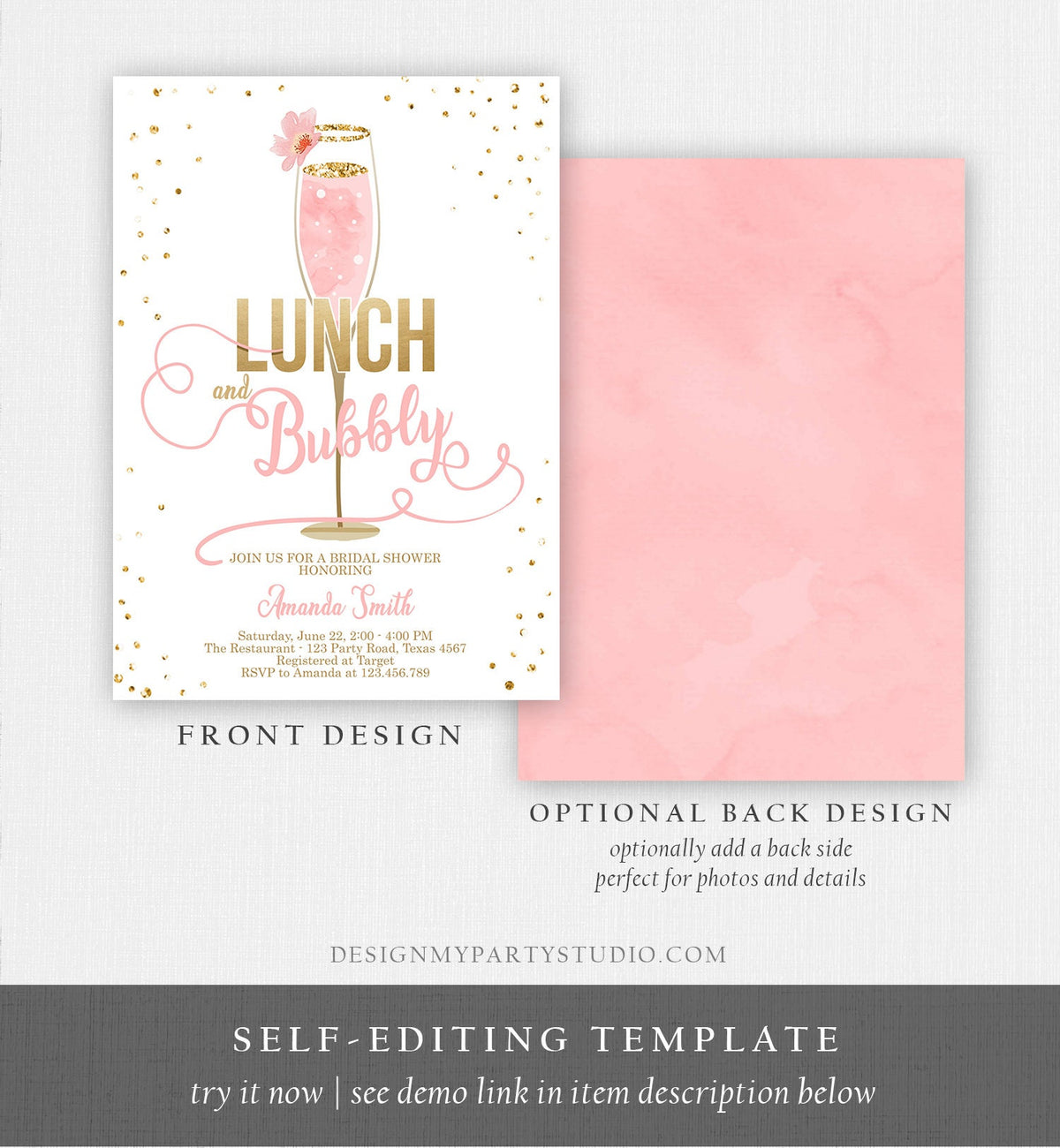 Editable Lunch and Bubbly Bridal Shower Invitation Champagne Gold Pink Wedding Brunch Digital Download Evite Template Printable 0150