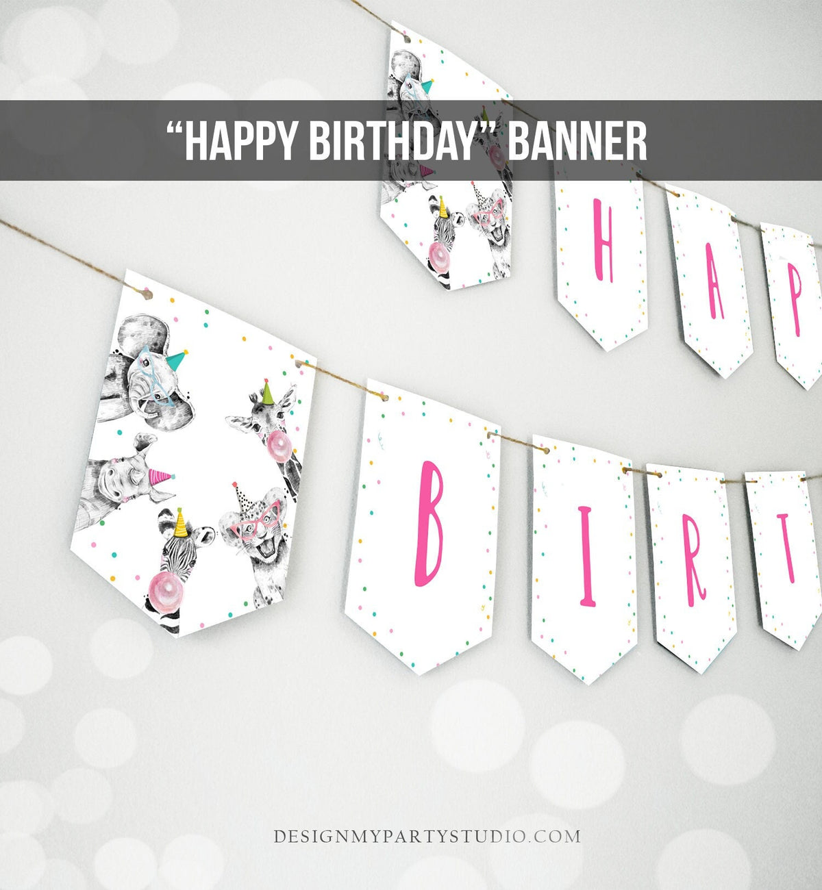 Happy Birthday Banner Safari Animals Pink Party Animals Wild One Birthday Girl Zoo Decorations Instant Download PRINTABLE DIGITAL 0390