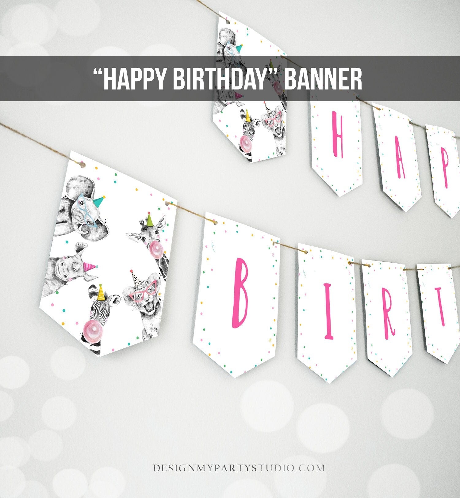 Happy Birthday Banner Safari Animals Pink Party Animals Wild One Birthday Girl Zoo Decorations Instant Download PRINTABLE DIGITAL 0390