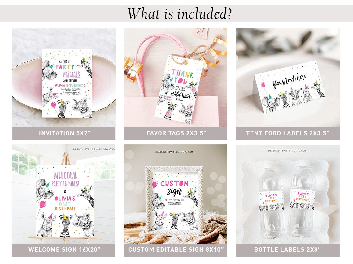 Party Animals Birthday Invitation Bundle Wild One Animals Zoo Safari Animals Girl Two Wild Party Pack Jungle Printable Corjl Template 0390