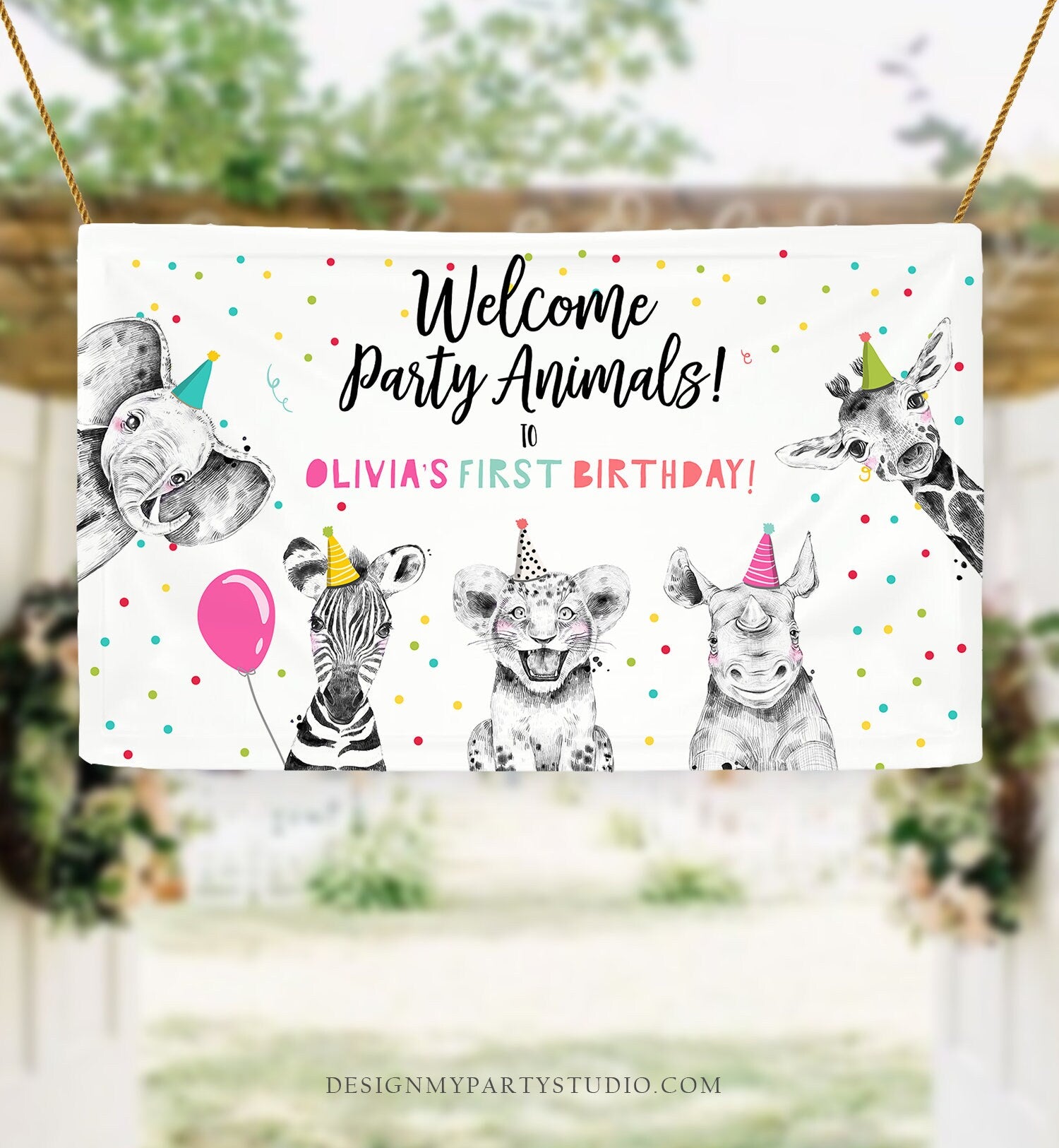 Editable Party Animals Birthday Backdrop Banner Welcome Safari Animals Girl Pink First Birthday Sign Download Corjl Template Printable 0390