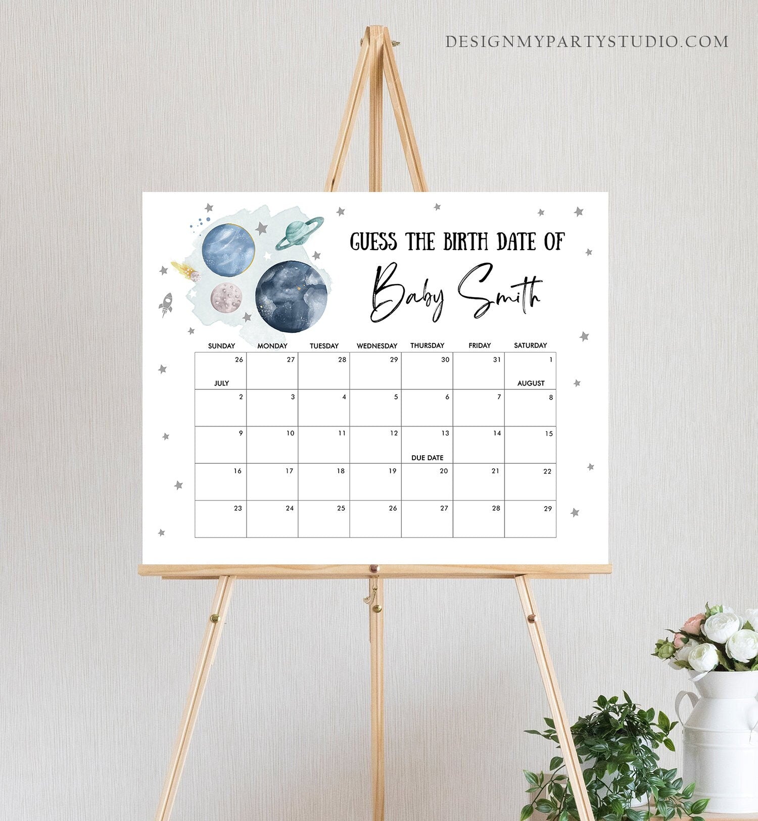 Editable Guess the Birth Date Baby Shower Game Guess Birthday Outer Space Astronaut Planets Galaxy Silver Digital Template Printable 0357