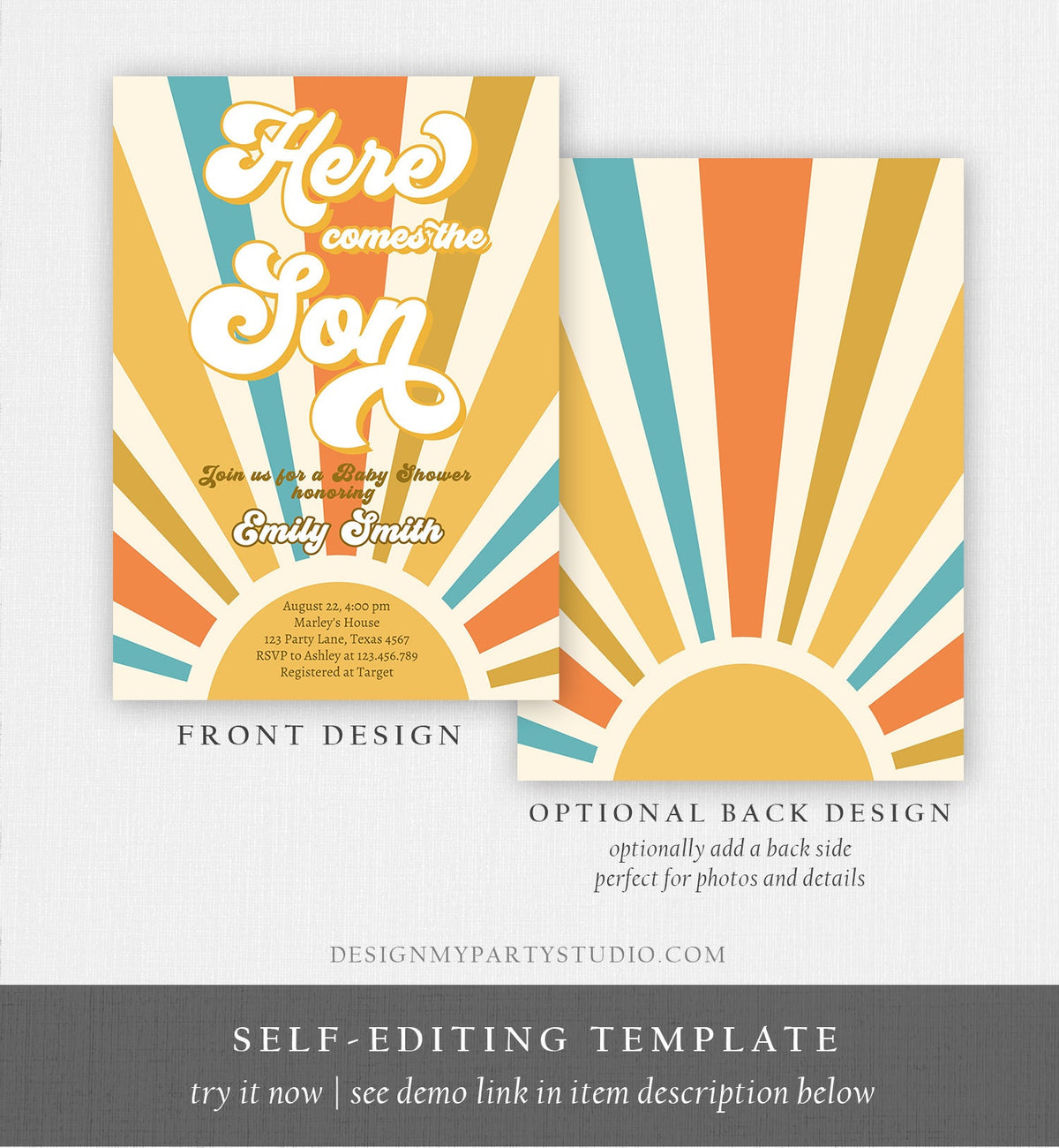 Editable Here Comes the Son Baby Shower Invitation Baby Boy Sunshine Baby Shower Invite Retro Instant Download Digital Corjl Template 0457