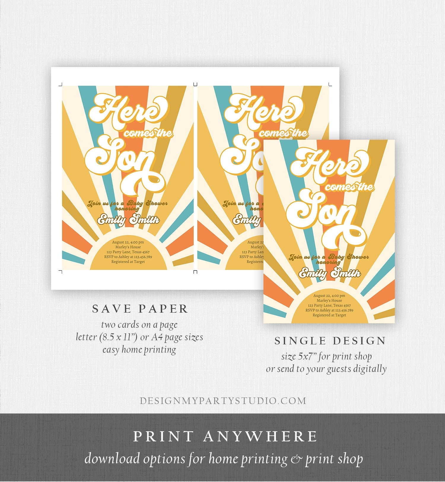 Editable Here Comes the Son Baby Shower Invitation Baby Boy Sunshine Baby Shower Invite Retro Instant Download Digital Corjl Template 0457