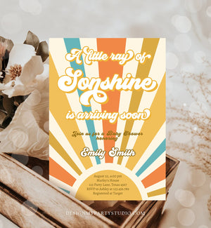 Editable Little Ray of Sonshine Baby Shower Invitation Baby Boy Sunshine Baby Shower Retro Instant Download Digital Corjl Template 0457