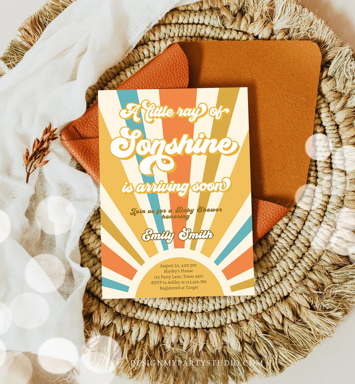 Editable Little Ray of Sonshine Baby Shower Invitation Baby Boy Sunshine Baby Shower Retro Instant Download Digital Corjl Template 0457